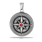 ''Stainless Steel Ornate, Oxidized Compass Pendant With Braided Edge And GARNET CZ''