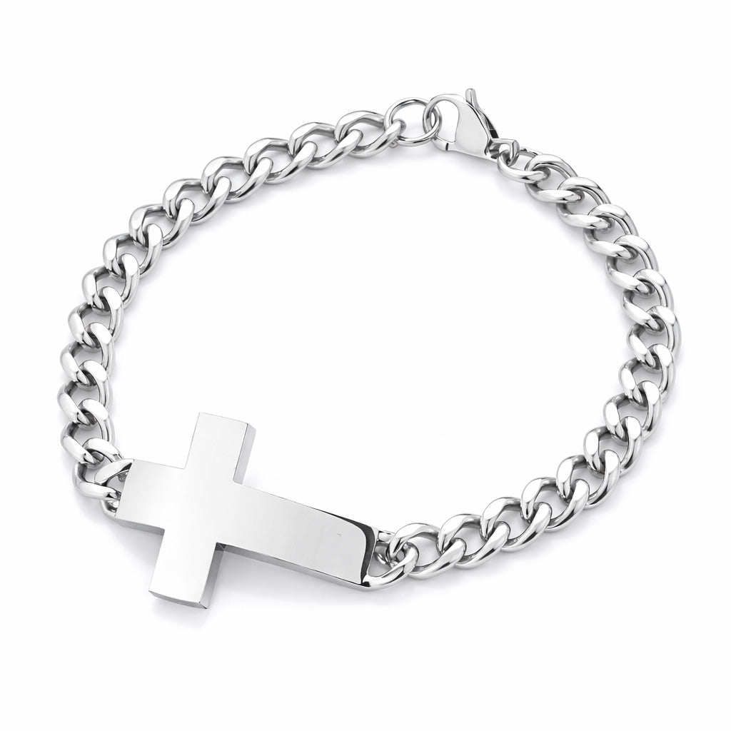 Stainless Steel Curb Link Cross ID Bracelet