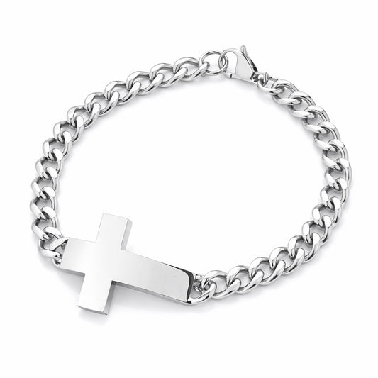 Stainless Steel Curb Link Cross ID Bracelet