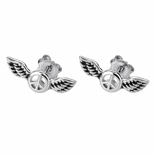 Stainless Steel Angel Wings Peace Sign Hippie Stud Earrings