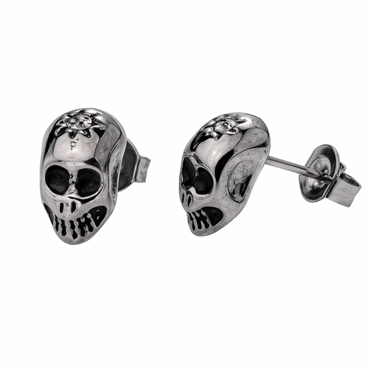 Stainless Steel Skull Clear CZ Biker Stud Earrings
