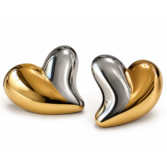 18k Gold PVD Stainless Steel Heart Love Promise Two-Tone Stud Earrings