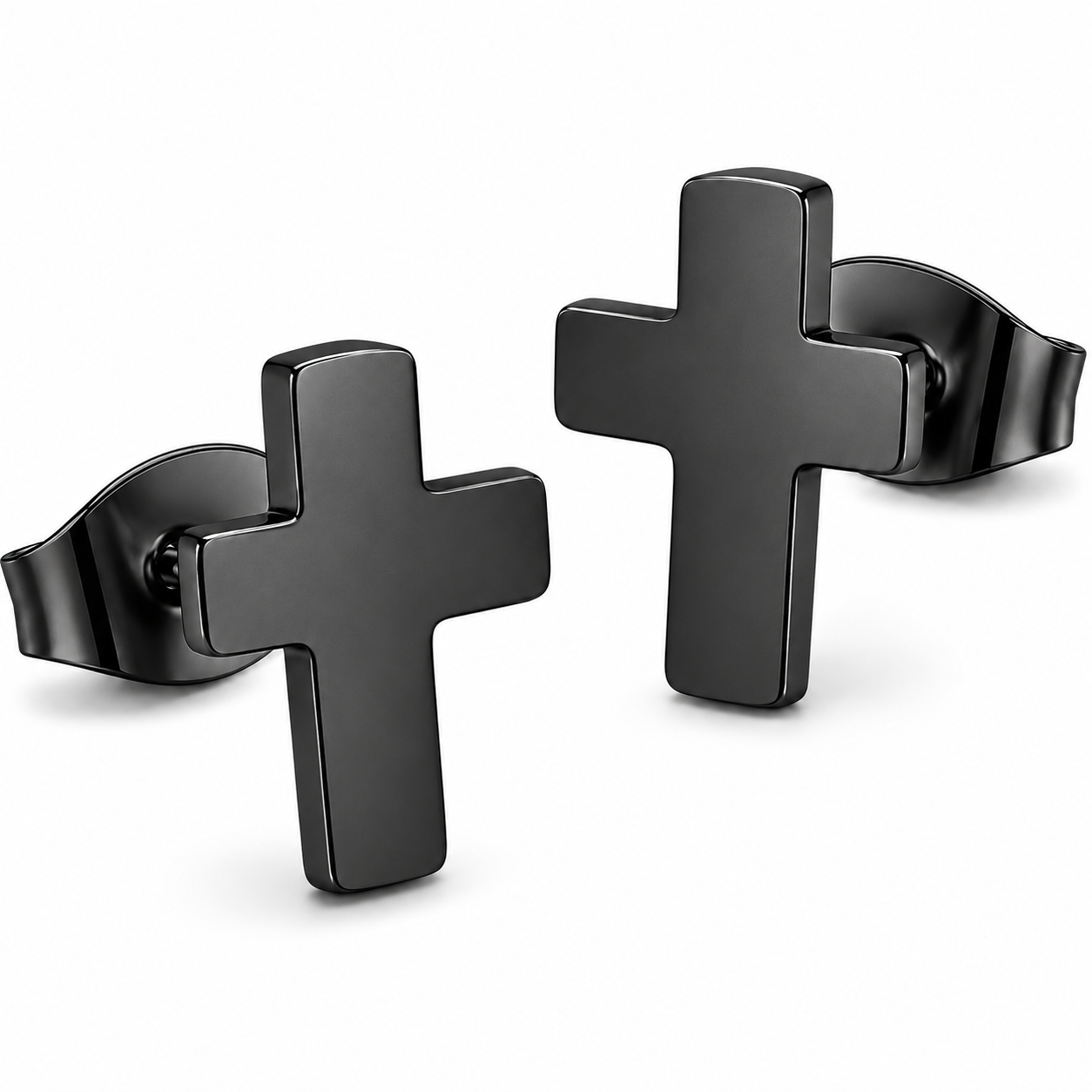 Black PVD Stainless Steel Simple Cross Stud Christian Flat Basic Earrings