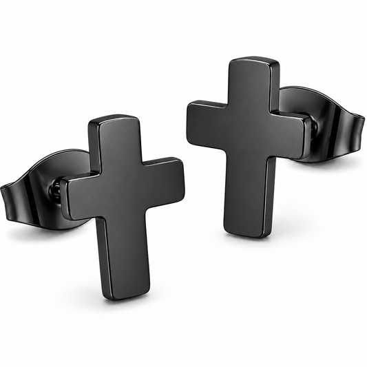 Black PVD Stainless Steel Simple Cross Stud Christian Flat Basic Earrings