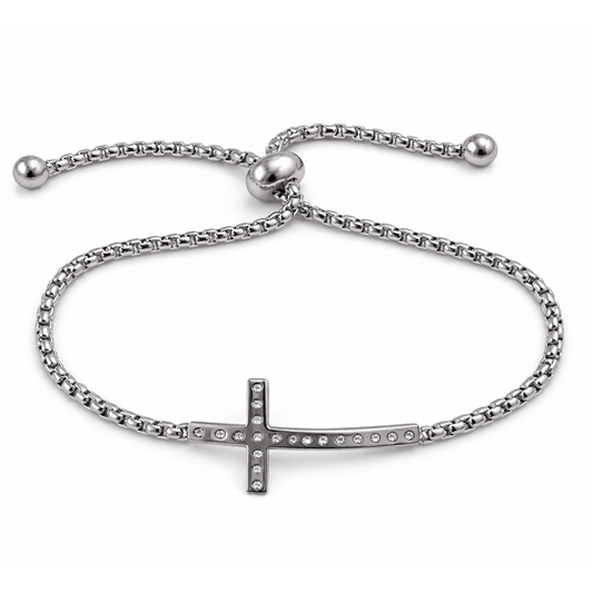 Stainless Steel Christian Sideways Cross Bolo Box Bracelet