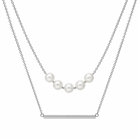 Stainless Steel Layered Simulated Pearl Bead Bar Chain