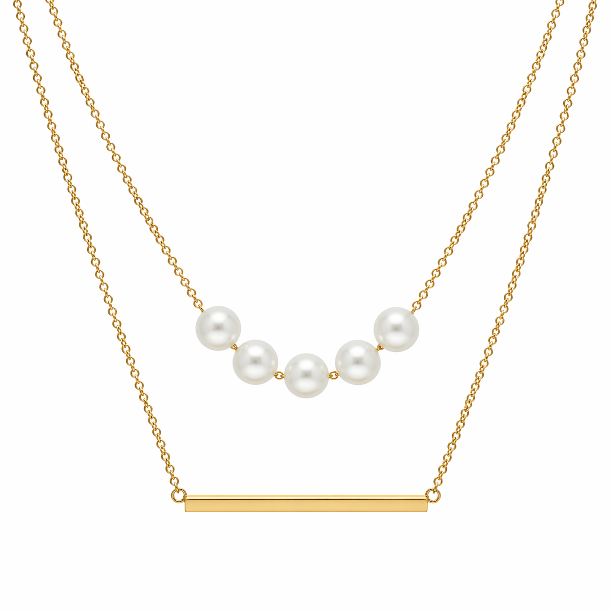 18k Gold PVD Stainless Steel Layered Simulated Pearl Bead Bar Chain