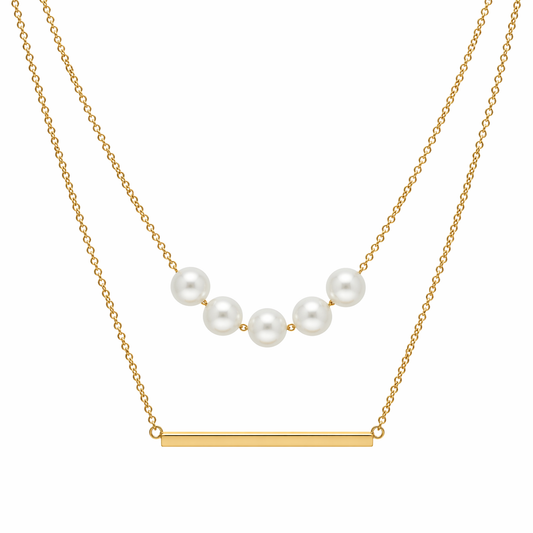 18k Gold PVD Stainless Steel Layered Simulated Pearl Bead Bar Chain