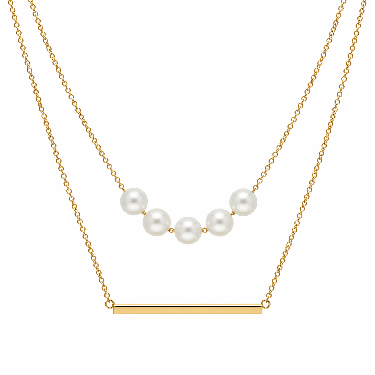 18k Gold PVD Stainless Steel Layered Simulated Pearl Bead Bar Chain