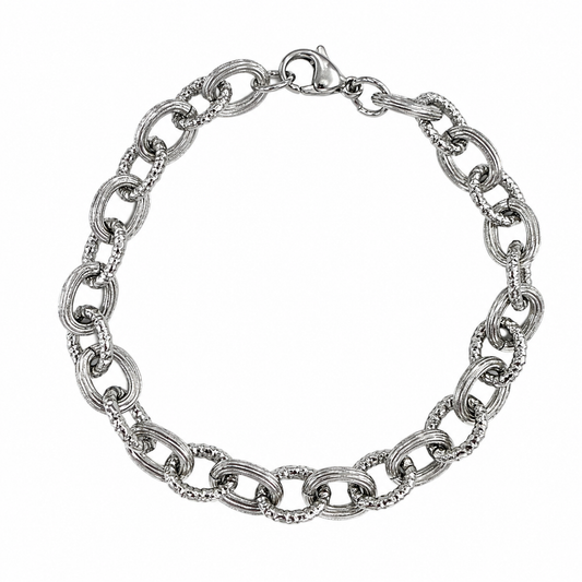 Stainless Steel 6.5mm Alternating Sparkle Groove Oval Cable Link Chain