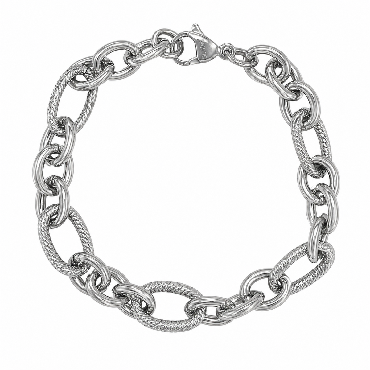 Stainless Steel Oval Alternating Textured Cable Rolo Figaro Link Chain