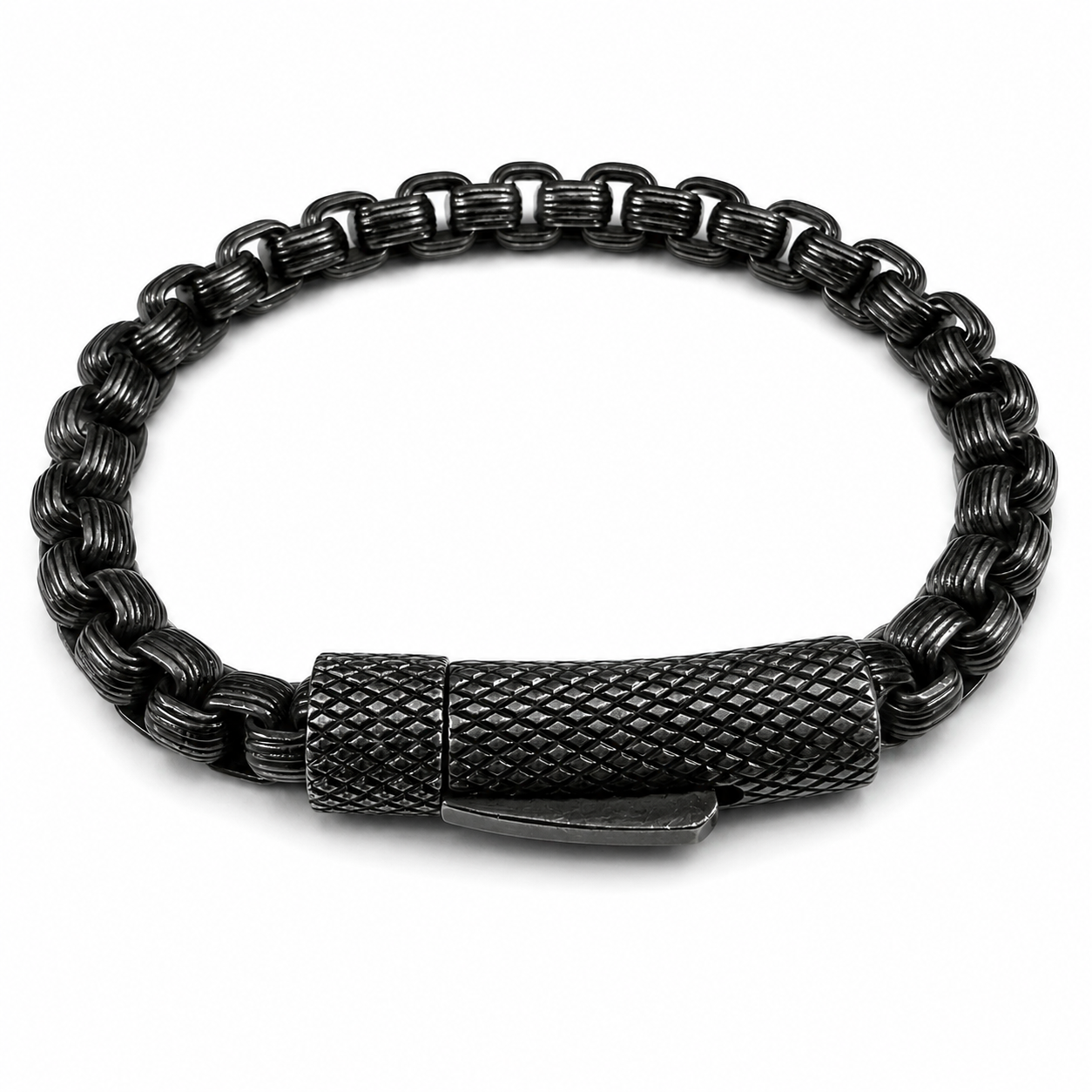 Stainless Steel Oxidized Round Box Textured Secure Clasp 6.1mm Chain Bracelet