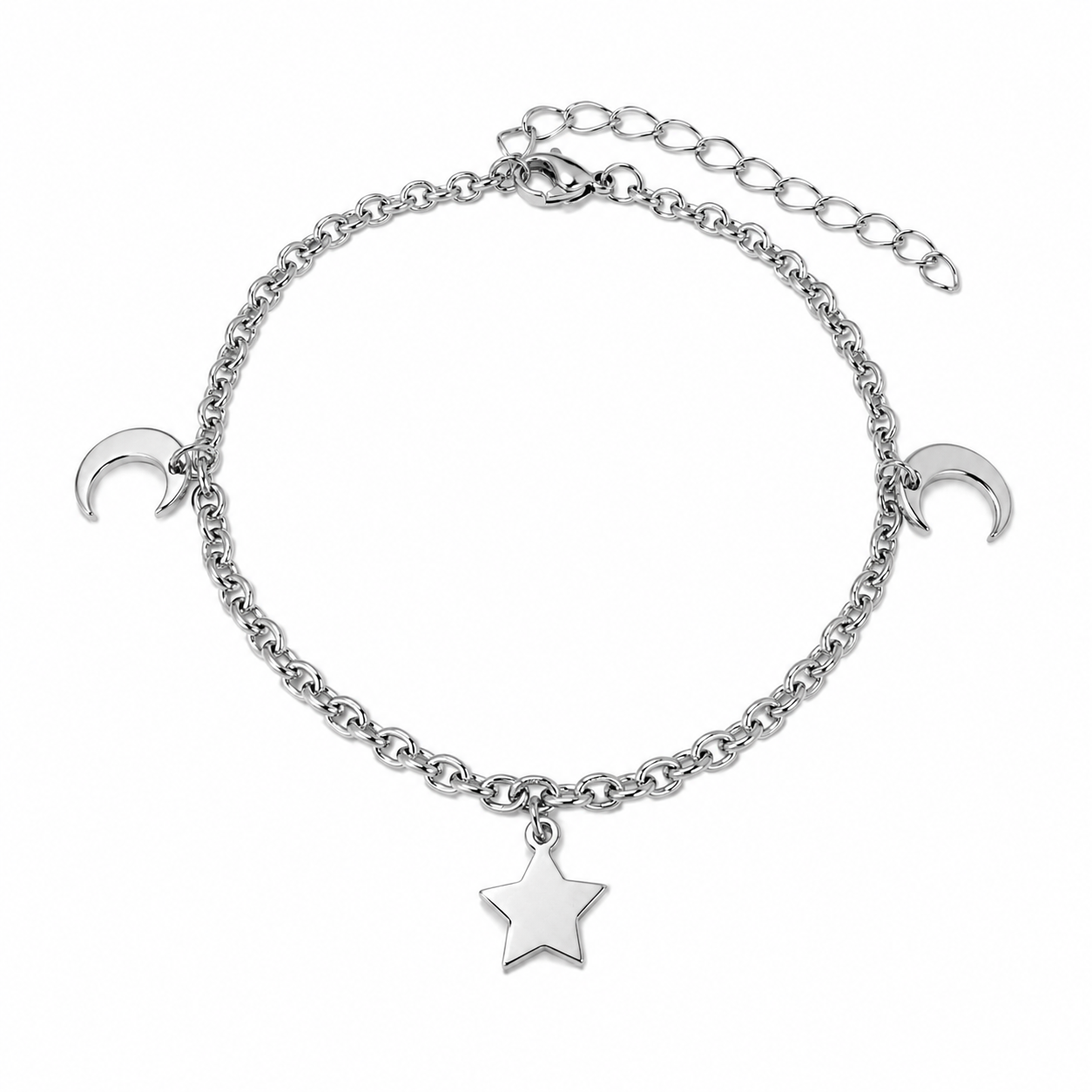 Stainless Steel Star Moon Charm Bracelet Textured Cable Chain