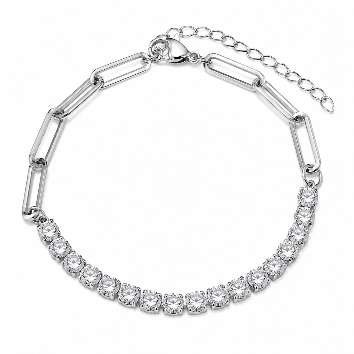 Stainless Steel 4mm Paperclip Tennis Bracelet Clear CZ Chain