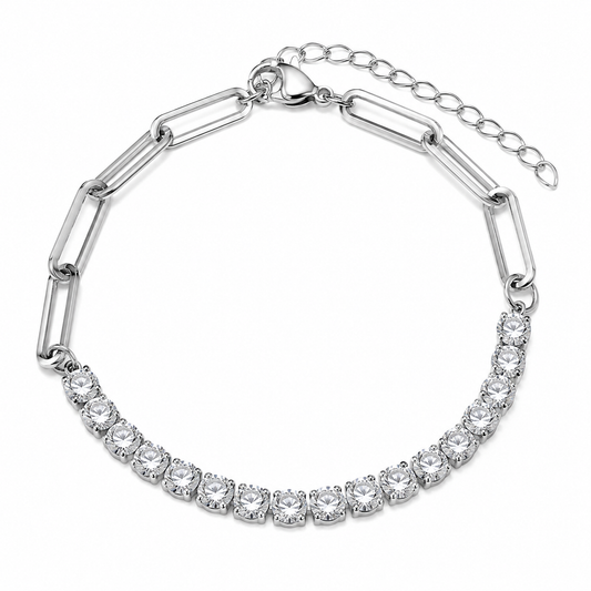 Stainless Steel 4mm Paperclip Tennis Bracelet Clear CZ Chain