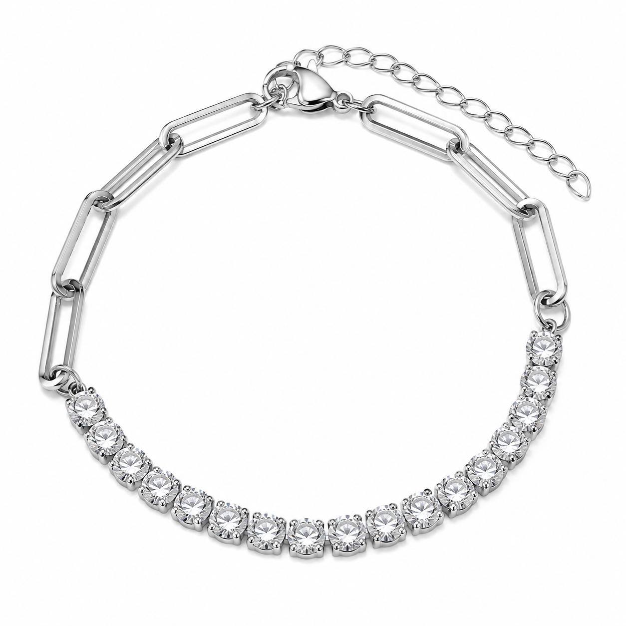 Stainless Steel 4mm Paperclip Tennis Bracelet Clear CZ Chain