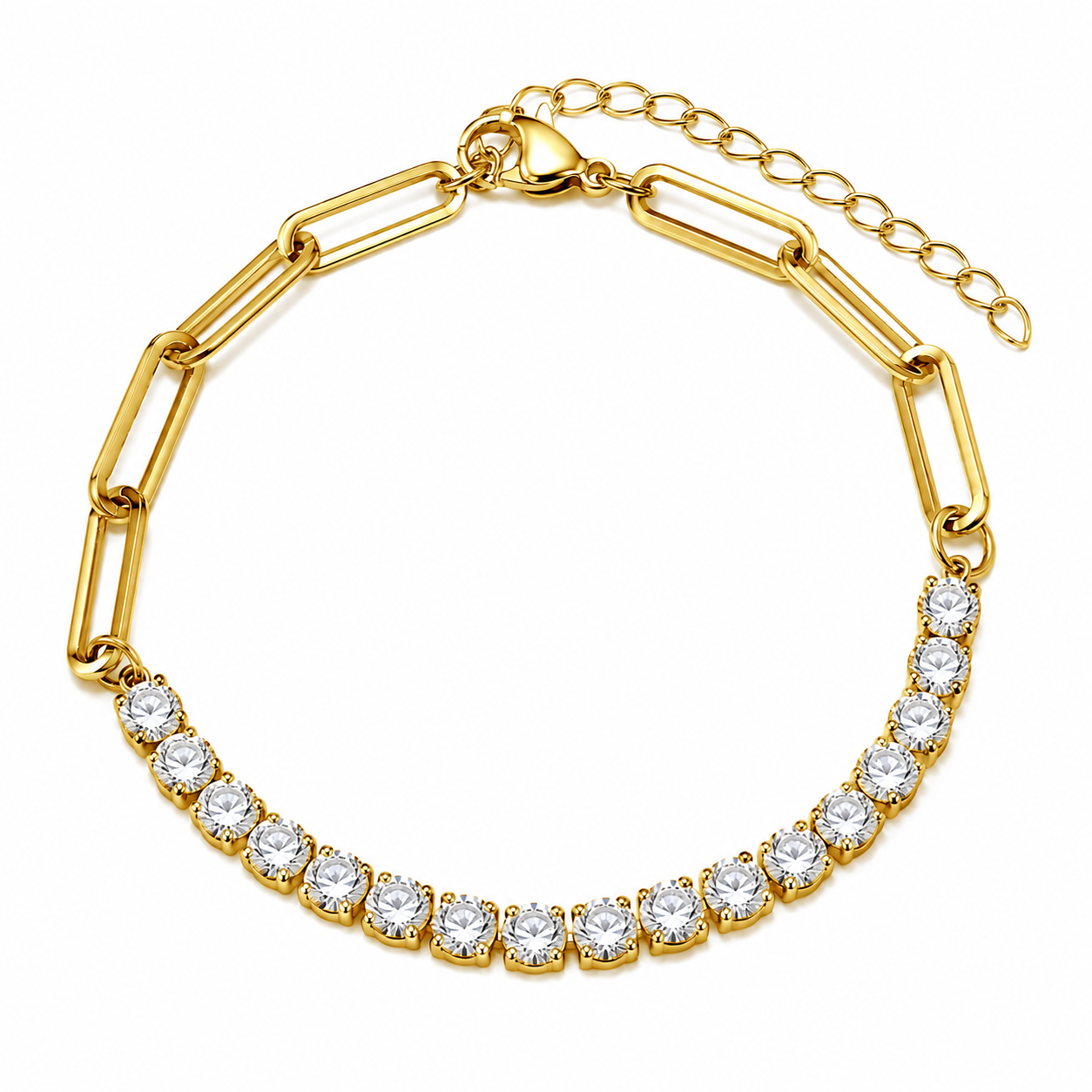 18k Gold PVD Stainless Steel 4mm Paperclip Tennis Bracelet Clear CZ Chain