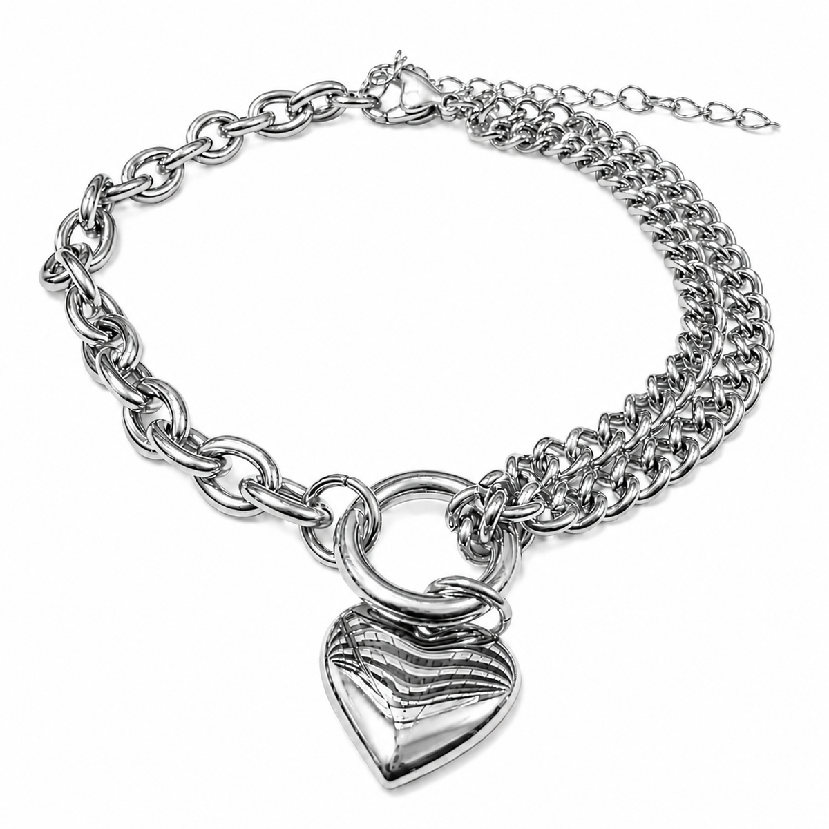 Stainless Steel Mixed Link Cable Double Curb Heart Bracelet