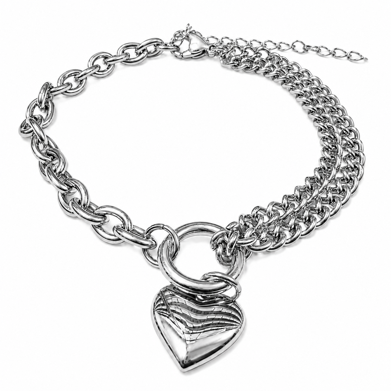 Stainless Steel Mixed Link Cable Double Curb Heart Bracelet