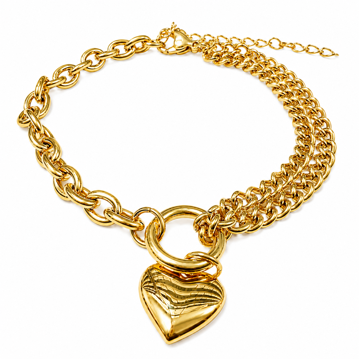 18k Gold PVD Stainless Steel Mixed Link Cable Double Curb Heart Bracelet