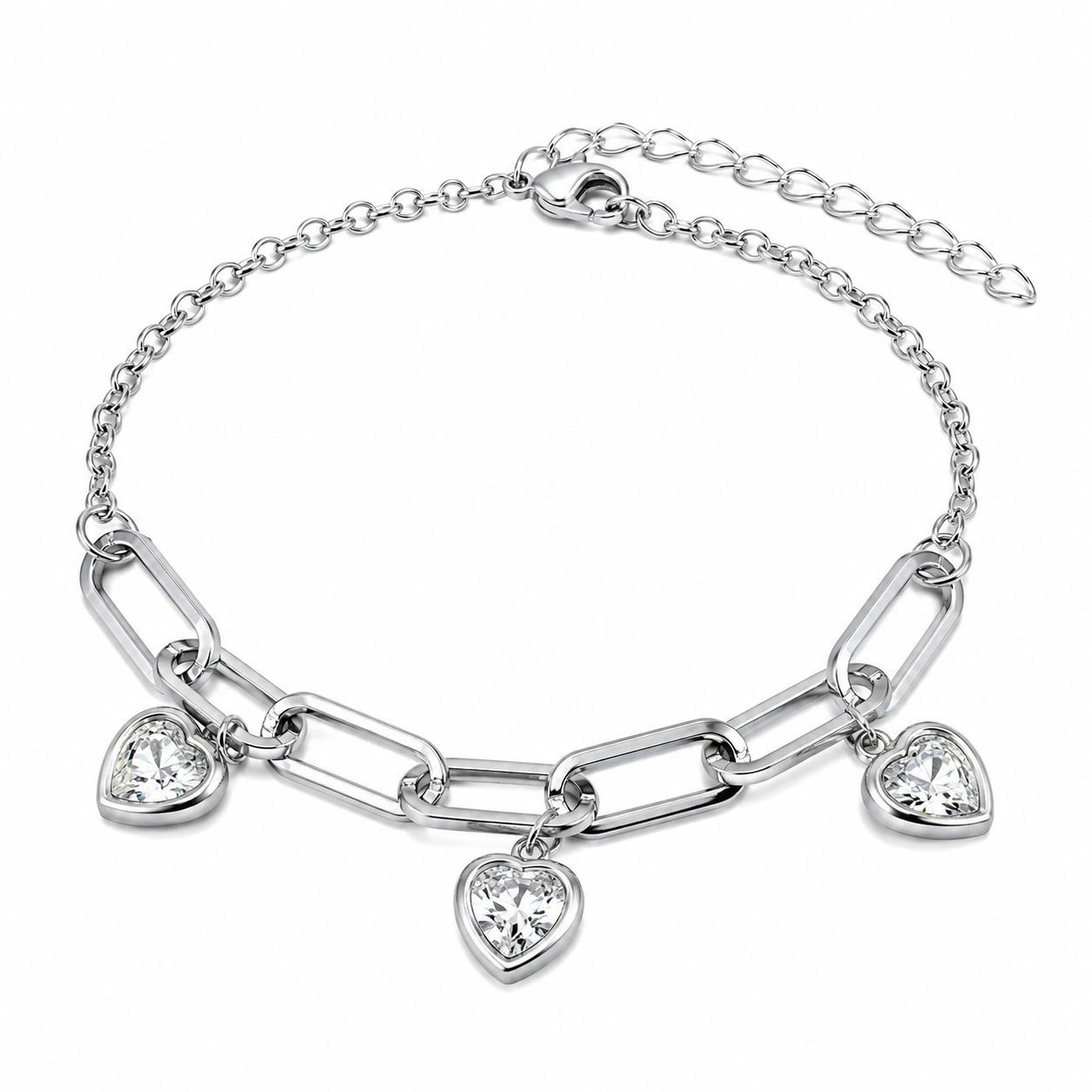 Stainless Steel Paperclip Heart Charm Cable Link Bracelet Chain