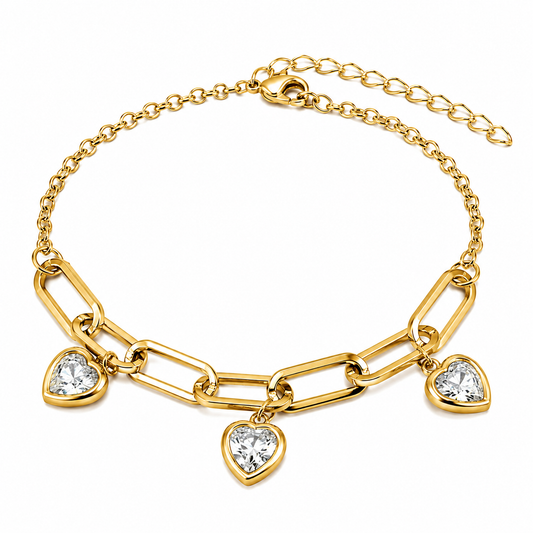 18k Gold PVD Stainless Steel Paperclip Heart Charm Cable Link Bracelet Chain