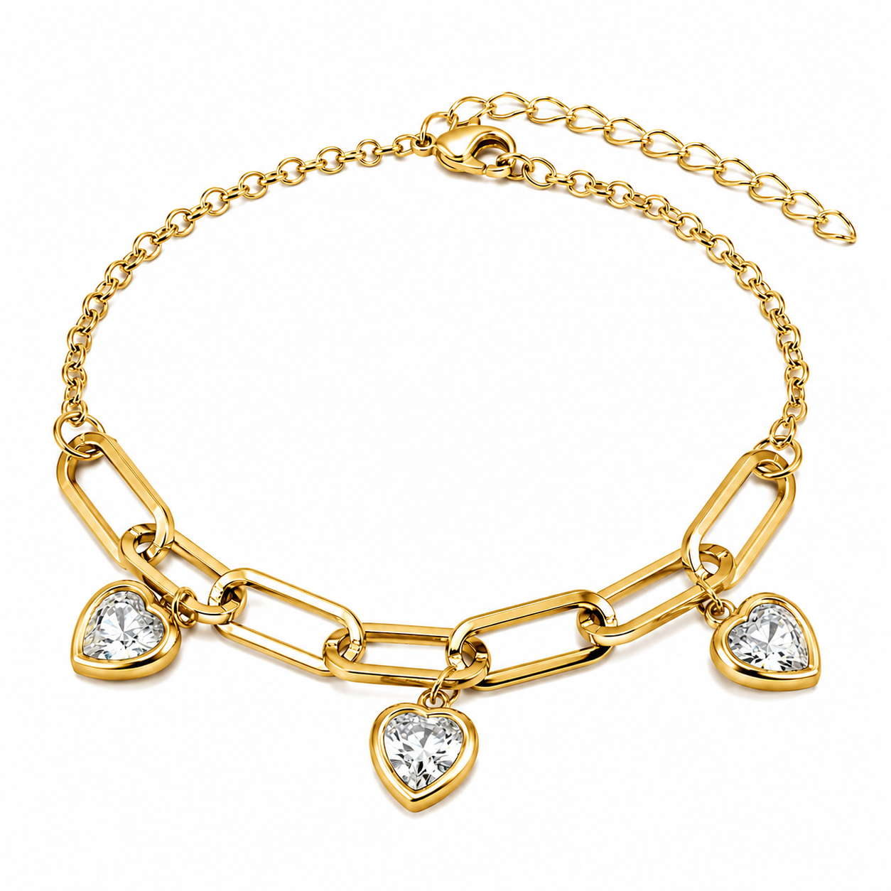 18k Gold PVD Stainless Steel Paperclip Heart Charm Cable Link Bracelet Chain