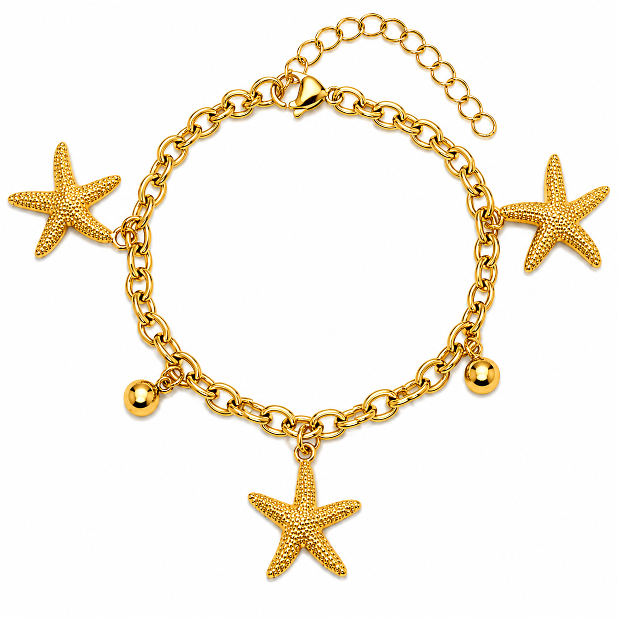 18k Gold PVD Stainless Steel Starfish Ball Ocean Marine Life Chain Bracelet