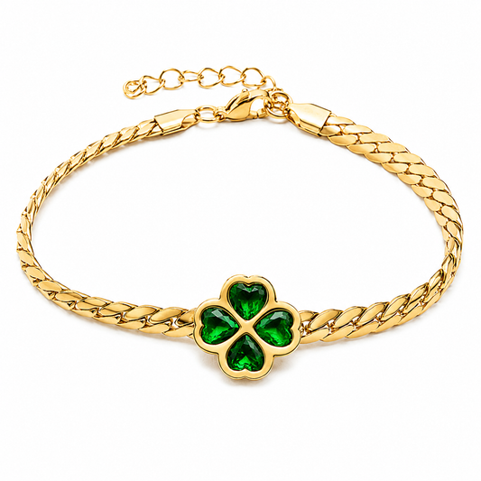 18k Gold PVD Stainless Steel Green Clover Miami Cuban Link Chain