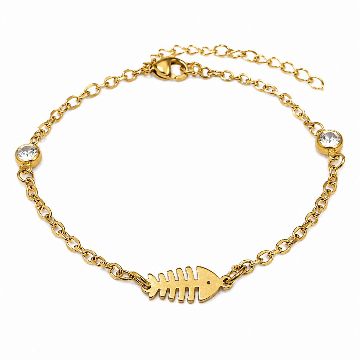 18k Gold PVD Stainless Steel Fish Skeleton Clear CZ Cable Chain Bracelet