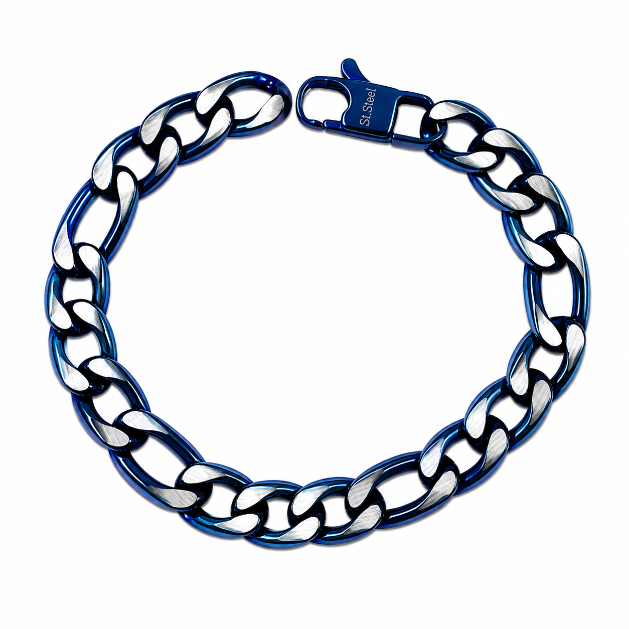 Stainless Steel Blue Two-Tone Brushed 9.3mm Figaro Link Chain Bracelet