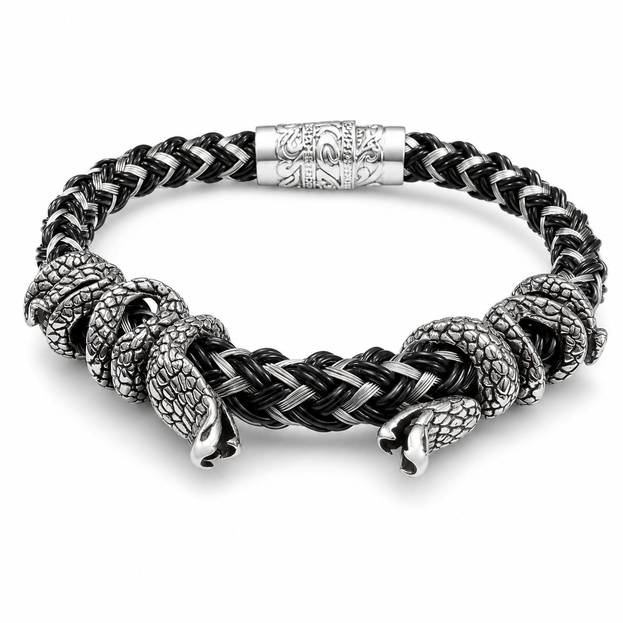 Stainless Steel Two Snake Braided Weave Chain Mag Lock Clasp Bracelet