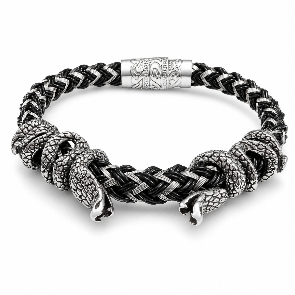 Stainless Steel Two Snake Braided Weave Chain Mag Lock Clasp Bracelet