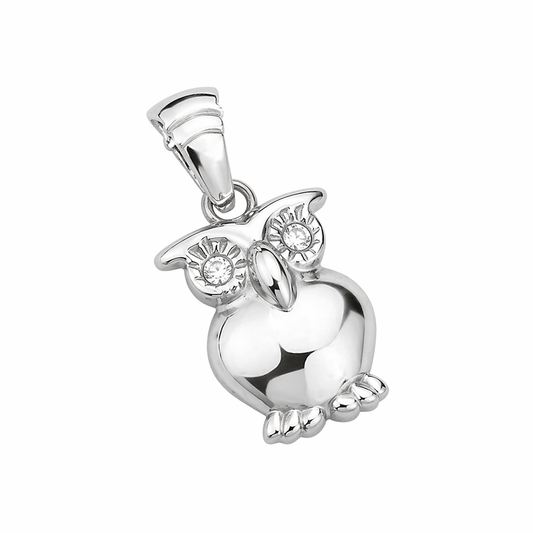 Stainless Steel Owl Bird Clear CZ Wise Animal Charm Pendant