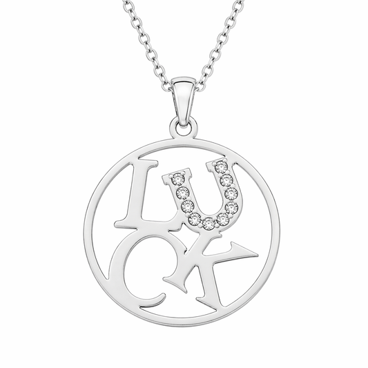 Stainless Steel Luck Clear CZ Word Pendant on 17+2" Chain Necklace