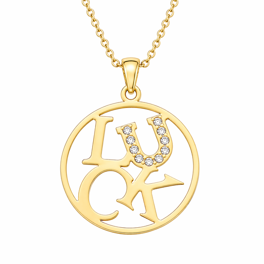 18k Gold PVD Stainless Steel Luck Clear CZ Word Pendant on 17+2" Chain Necklace