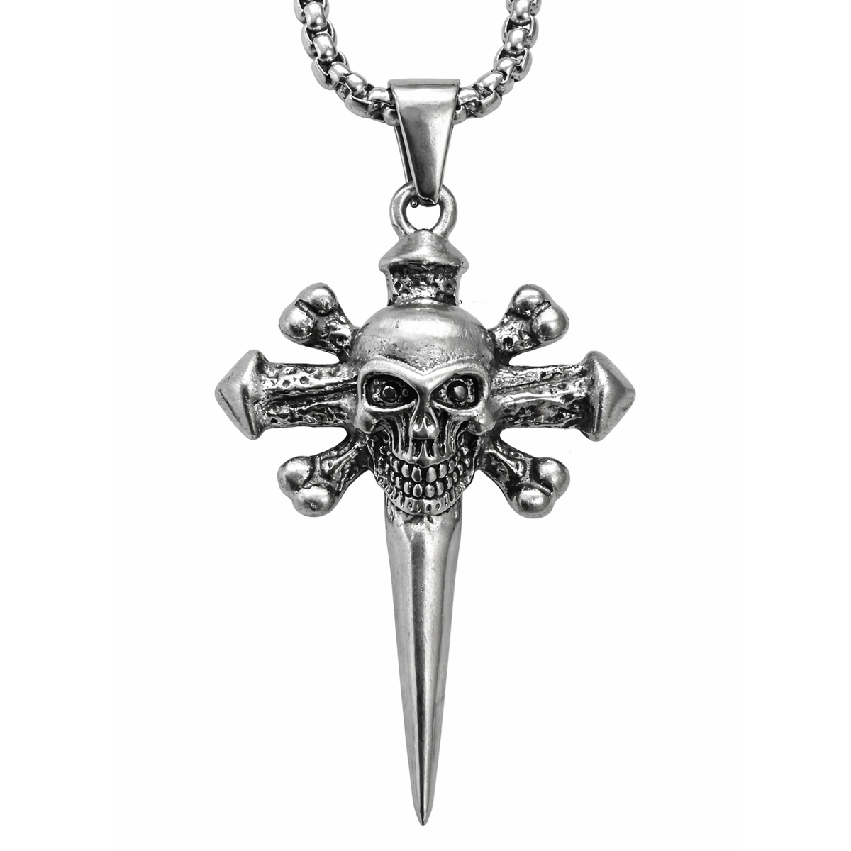 Stainless Steel Frosted Skull Crossbones Nail Cross Pendant 21" Chain