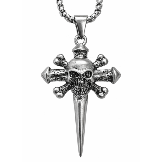 Stainless Steel Frosted Skull Crossbones Nail Cross Pendant 21" Chain