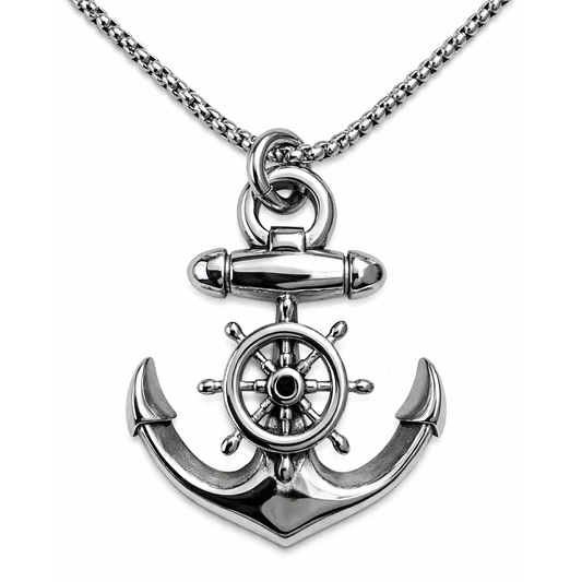 Stainless Steel Large Anchor Wheel Mariner Charm Pendant 22" Chain
