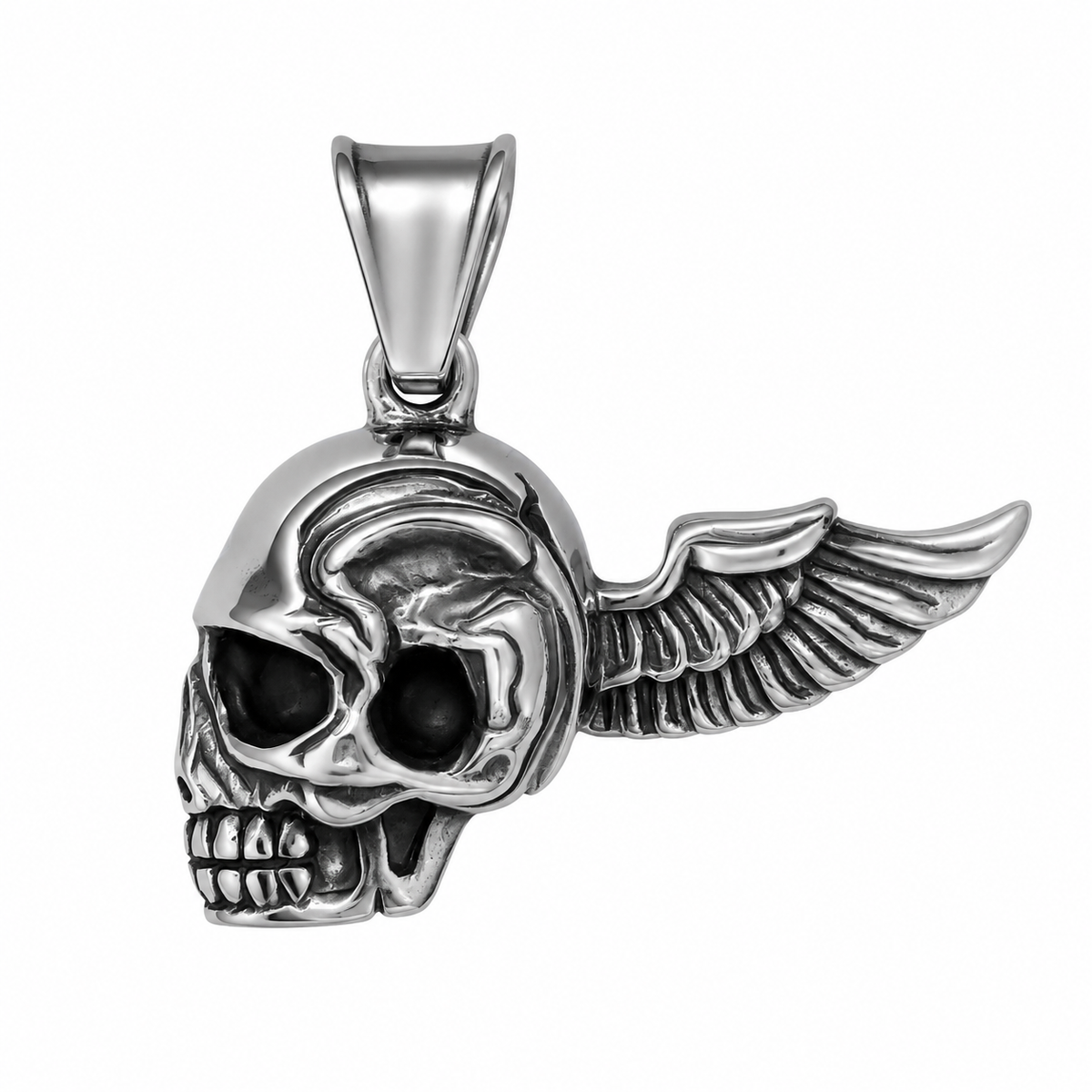 Stainless Steel Cracked Skull Angel Wings Skeleton Head Pendant