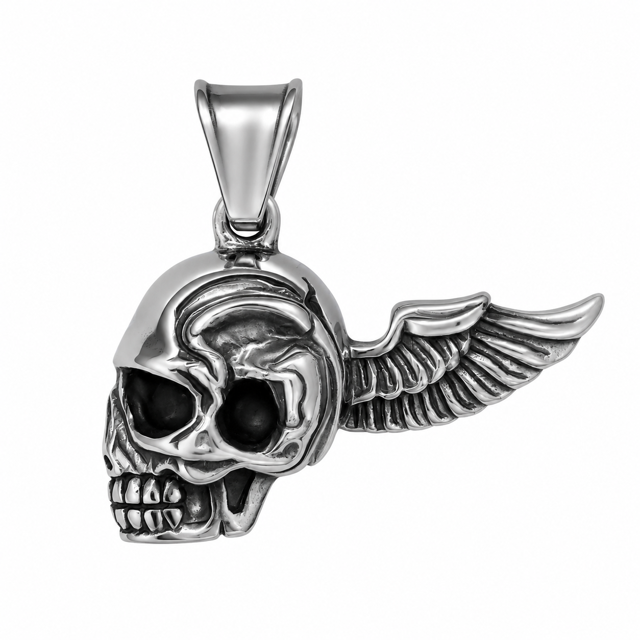 Stainless Steel Cracked Skull Angel Wings Skeleton Head Pendant