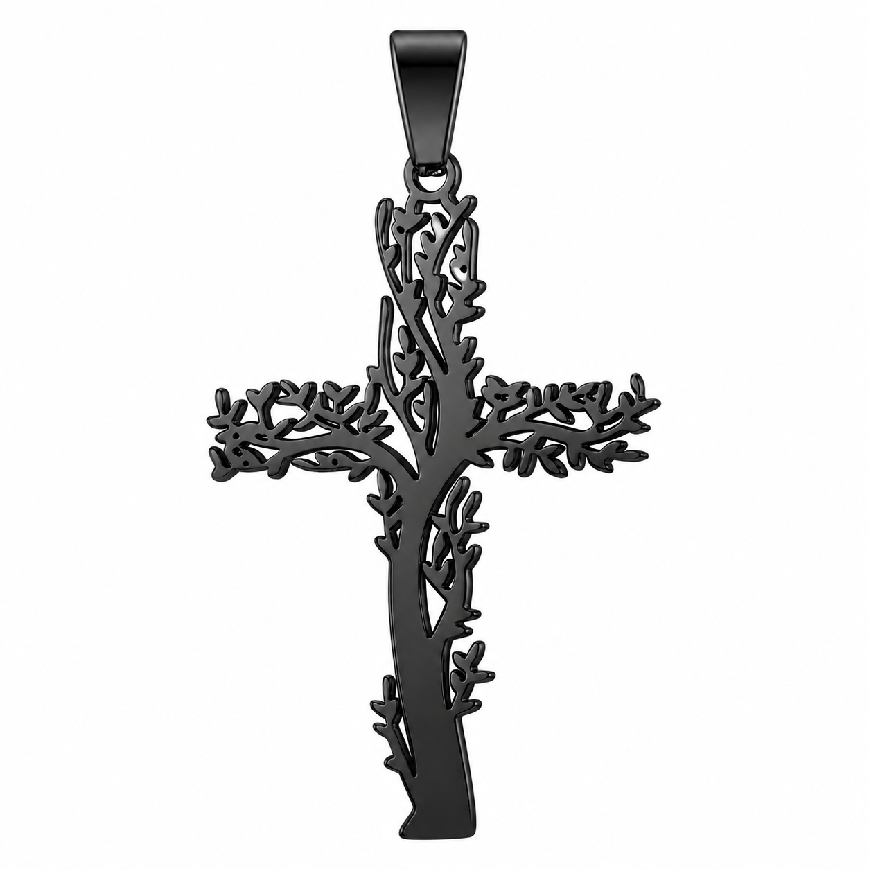 Black PVD Stainless Steel Tree of Life Cross Christian Charm Pendant