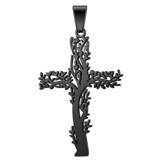 Black PVD Stainless Steel Tree of Life Cross Christian Charm Pendant