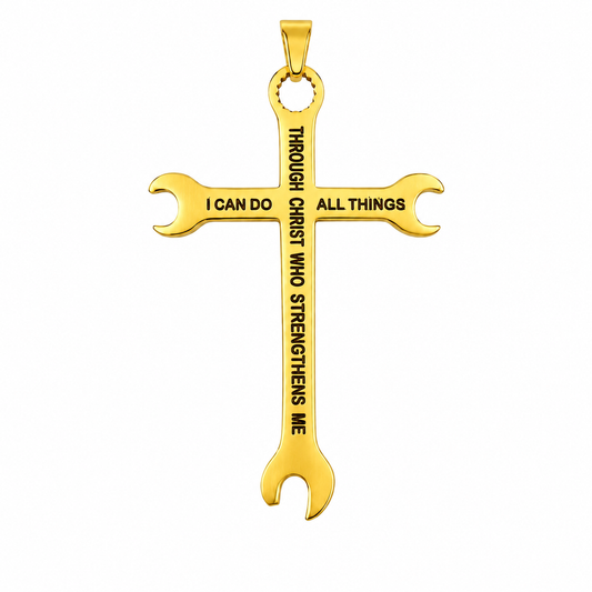18k Gold PVD Stainless Steel Wrench Cross I Can Do All Things Christ Pendant