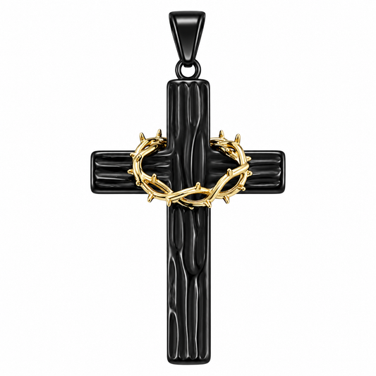 18k Gold PVD Stainless Steel Crown of Thorns Cross Jesus Charm Black Pendant