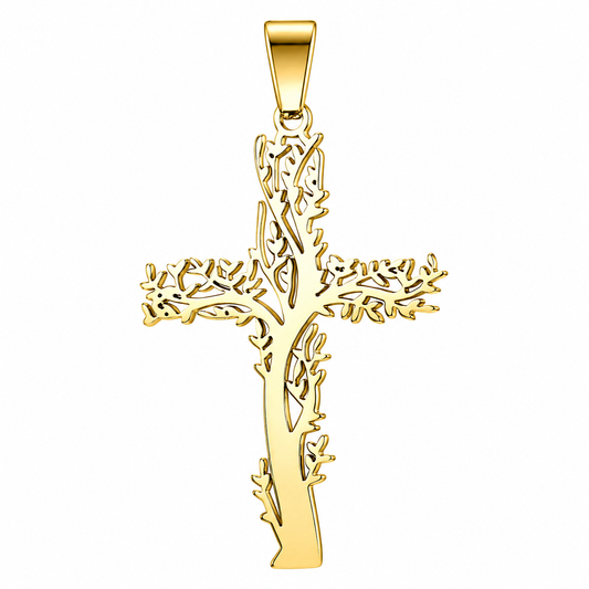 18k Gold PVD Stainless Steel Tree of Life Cross Christian Charm Pendant