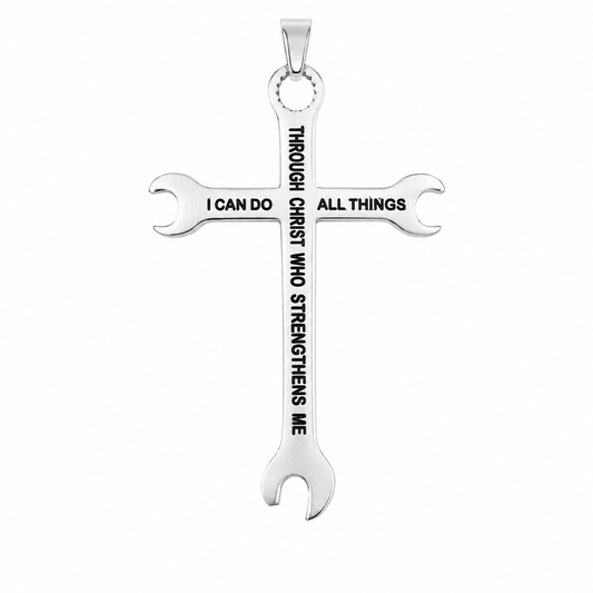 Stainless Steel Wrench Cross I Can Do All Things Christ Charm Pendant
