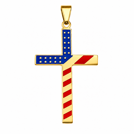18k Gold PVD Stainless Steel American Flag Cross Star Stripes Charm Pendant