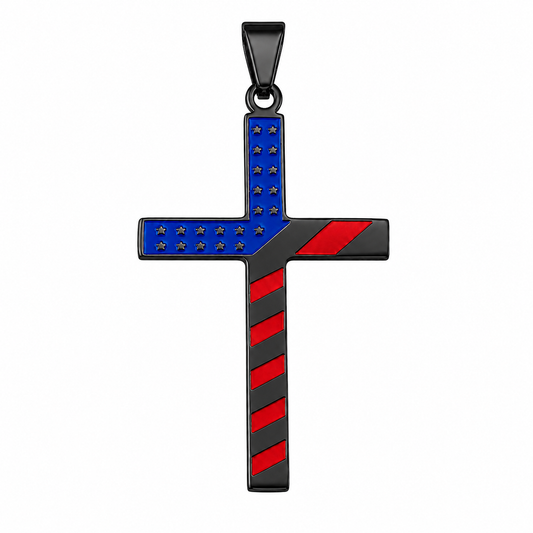 Black PVD Stainless Steel American Flag Cross Star Stripes Charm Pendant