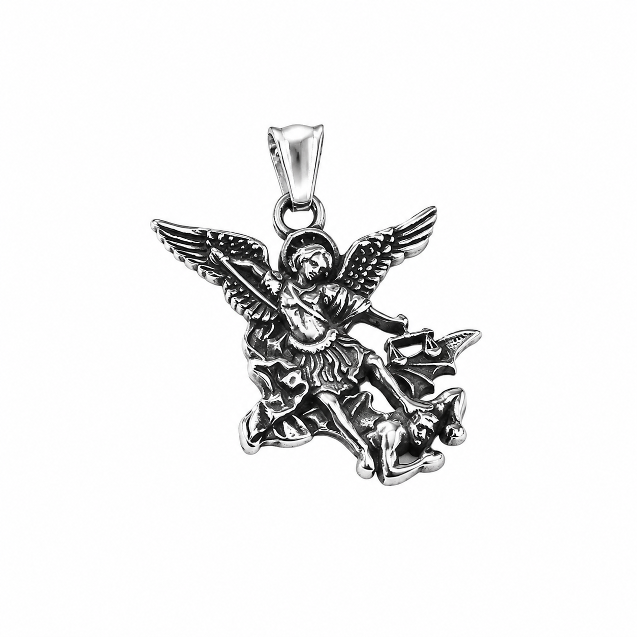 Stainless Steel Angel Fighting Demon Spiritual Heavenly Warfare Pendant